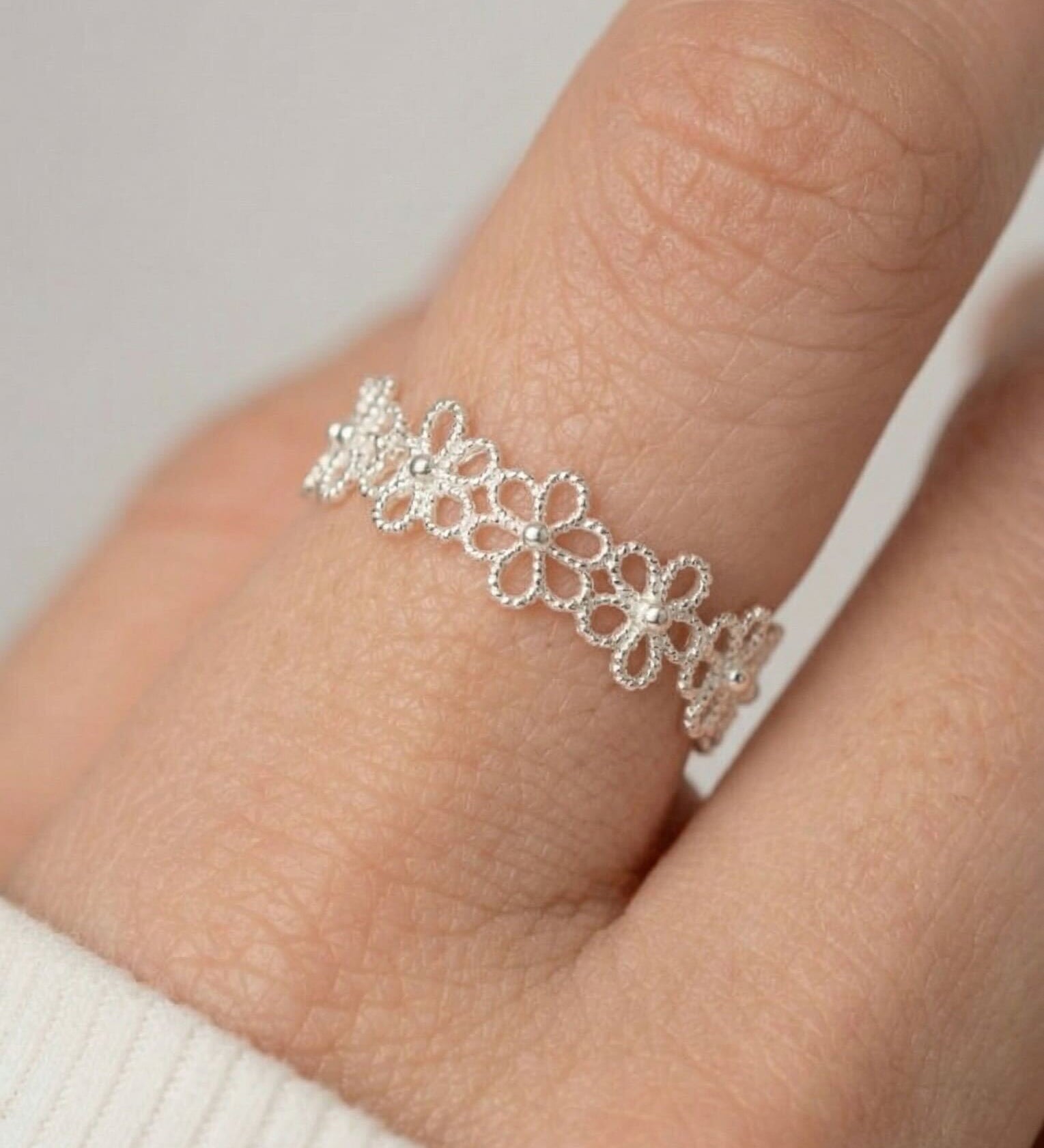 Sterling Silver Flower 18K White Gold Flower Open Ring