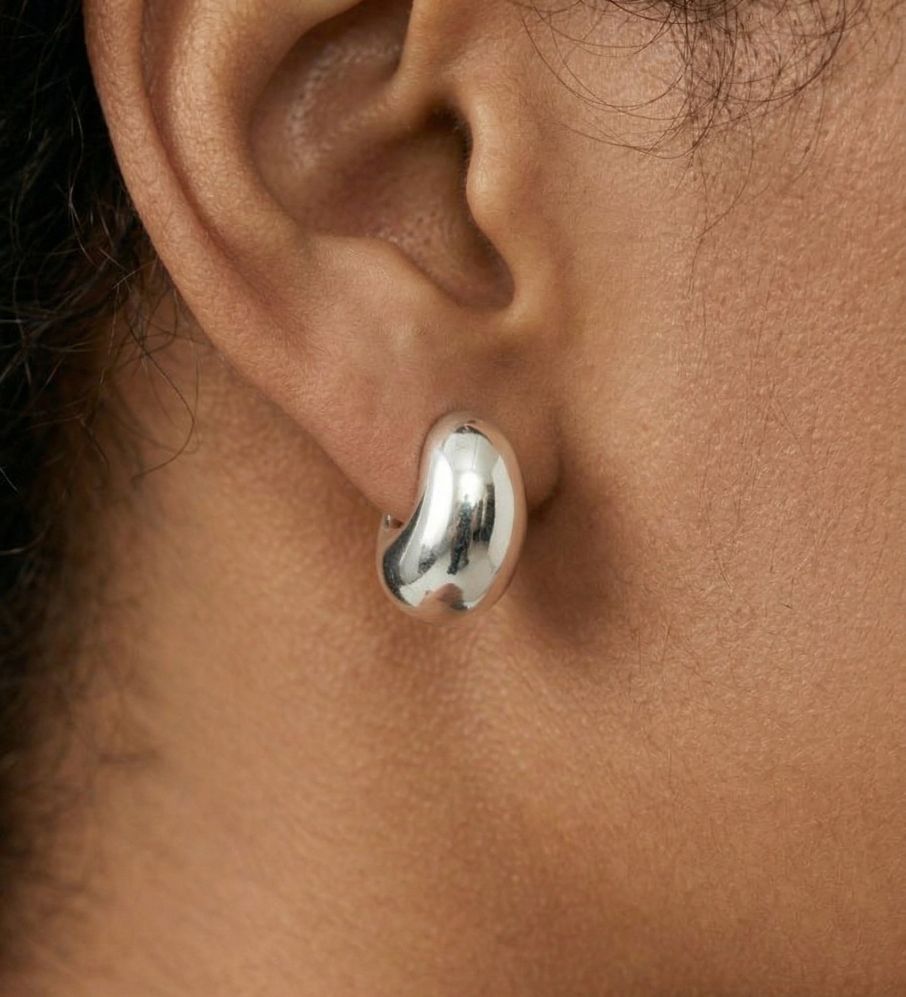 Sterling Silver Bean Stud Earrings - 18K White Gold Plated